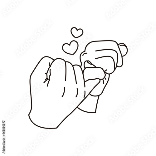 the little finger makes a promise to a partner. two-handed pinky promise pledge line art
