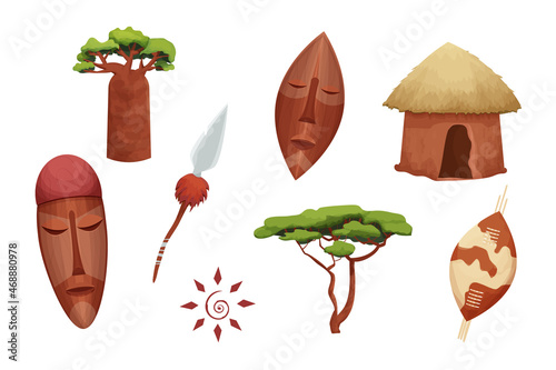 Set African hut with straw roof, baobab shield with spear, tribal mask in cartoon style isolated on white background. Safari tribal collection, rural desert building.