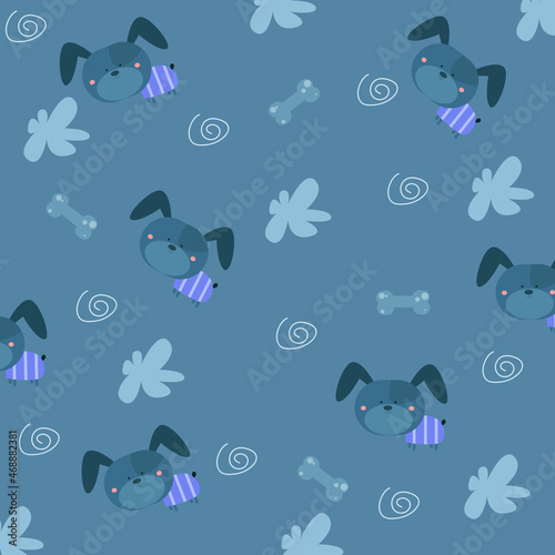Seamless animal pattern with cute dogs, flowers and bones