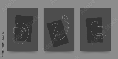 Geometric shapes set with abstract hand drawn faces in mid century style. Boho design for wall decoration, poster, print, cover, wallpaper. Minimal dark wall art. Vector