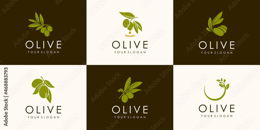 Set of green vector olive branch logo. Olives oil sign. Symbol of peace. Mythological icon.Healthy products label. Organic cosmetics. Eco food. Natural element. Agricultural item