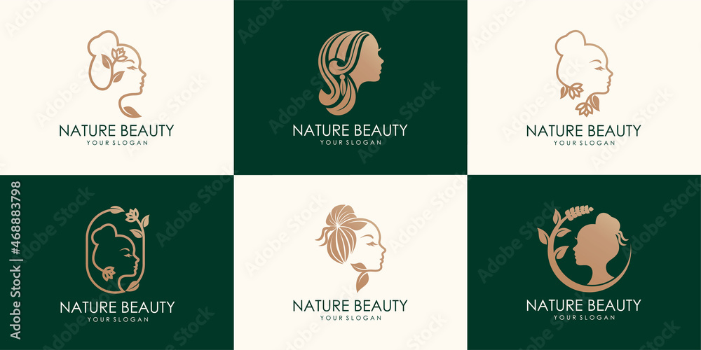 set of Woman's face in flower leaves. Abstract design concept for beauty salon, massage, cosmetic and spa. Vector female logo design template