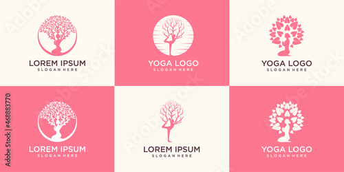 Set of Yoga logo vector, a woman meditation in Natural place.
