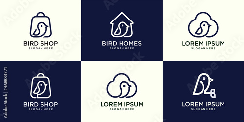 set icon bird line art logo vector,home bird, bag,cloud
