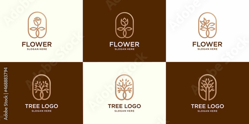 set of Vector logo design template and monogram concepts in trendy linear style - flowers, leaves and tree - signs for cosmetics and natural beauty products packaging