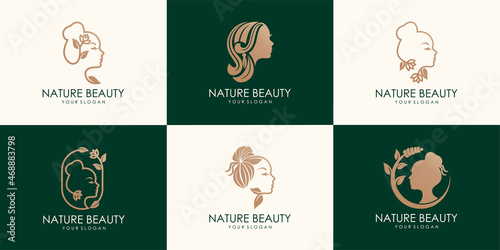 set of Woman's face in flower leaves. Abstract design concept for beauty salon, massage, cosmetic and spa. Vector female logo design template