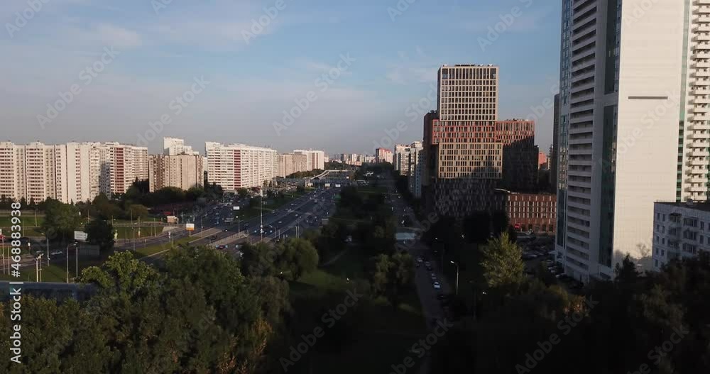 4K late afternoon summer aerial video of newly built modern highrise Moscow apartment buildings block complex in Kuntsevo district near Molodeznaya subway station and Rublevskoye highway in Russia 4K late afternoon summer aerial video of newly built modern highrise Moscow apartment buildings block complex in Kuntsevo district near Molodeznaya subway station and Rublevskoye highway in Russia