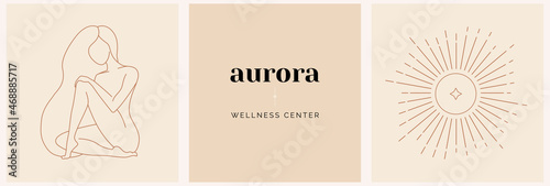 Set of logo and brand elements template illustration in simple minimal linear style in nude color. Beautiful female figure, modern feminine art