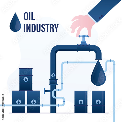 Businessman opens tap with oil product. Metal canisters with petrol or gas. Oilman turnes pipeline valve