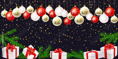 Christmas advent calendar. Red, gold christmas balls with number of the day of december, surprise box, christmas tree, confetti stars. Great for Christmas posters, headers, seasonal wallpaper. Vector