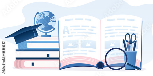 School time, concept. Education, horizontal banner. Student or schoolchild workplace. Textbooks and stationery. Back to school. Graduate hat and globe.