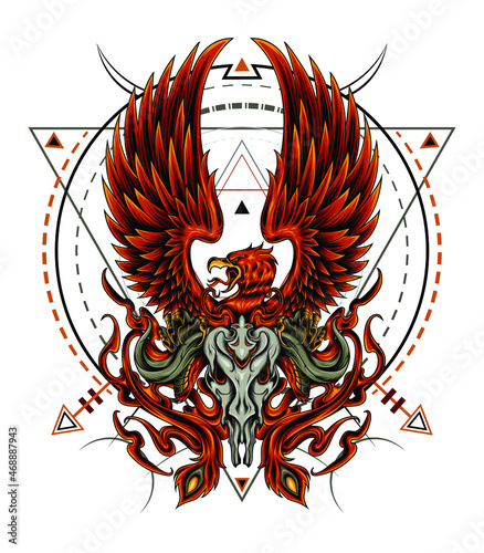 Phoenix full color digital drawing with sacred geometry symbol
