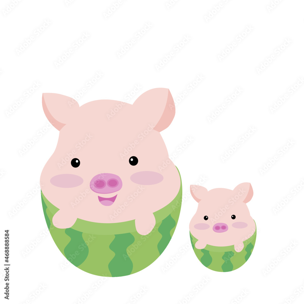 cute pig cartoon isolated on white background Vector illustration, cute pig in watermelon. cute pig cartoon isolated on white background Vector illustration, cute pig in watermelon.