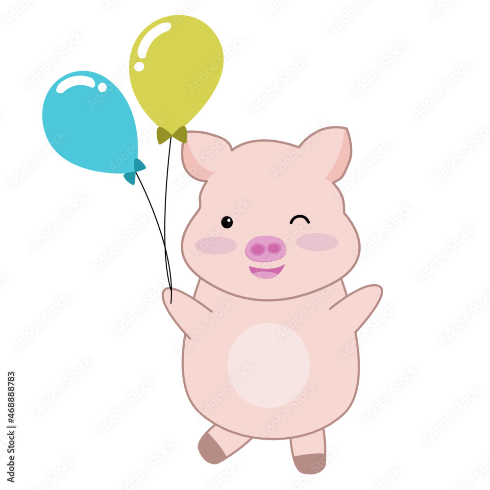 Fototapeta premium cute pig cartoon isolated on white background Vector illustration, cute pig holding balloons 