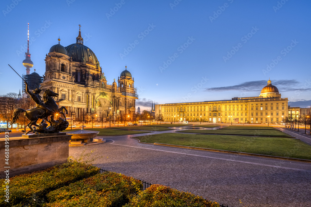 The Lustgarten in Berlin before sunrise with the TV Tower, the cathedral and the City Palace
