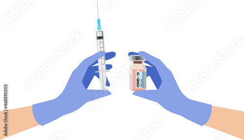 A gloved hand holding a syringe and an ampoule. Injection. Medical vaccination. Vaccination shot. Vaccination against coronavirus or influenza.