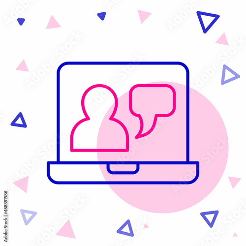Line Online education and graduation icon isolated on white background. Online teacher on monitor. Webinar and video seminar learning. Colorful outline concept. Vector