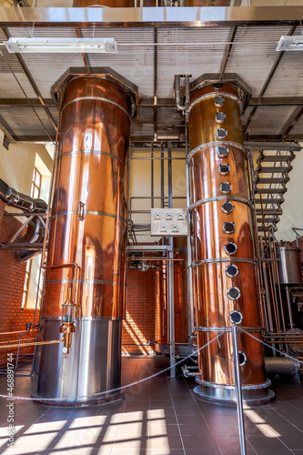 Copper distillation cube. Technological line for distillation of cognac. photo