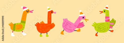 Winter collection with geese. Vector birds in winter clothes for decor, decoration