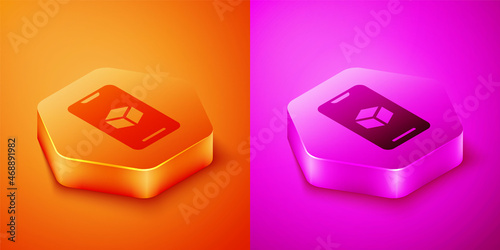 Isometric 3D printer software icon isolated on orange and pink background. 3d printing. Hexagon button. Vector