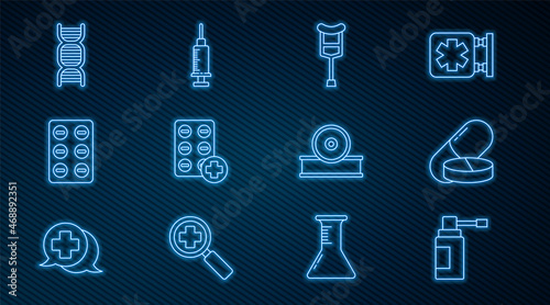 Set line Medical bottle with nozzle spray, Medicine pill or tablet, Crutch crutches, Pills blister pack, DNA symbol, Otolaryngological head reflector and Syringe icon. Vector