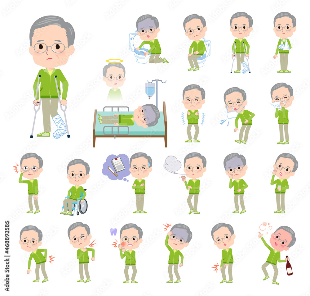怪我や病気の状態の緑ジャージ高齢男性のセット
