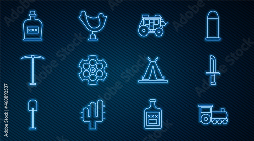 Set line Retro train, Military knife, Western stagecoach, Revolver cylinder, Pickaxe, Alcohol drink Rum bottle, Indian teepee or wigwam and Wild west saddle icon. Vector