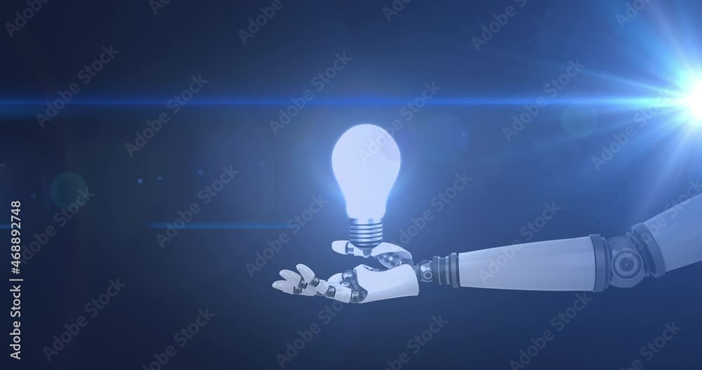 Animation of light bulb over hand of robot arm, with moving light on dark background