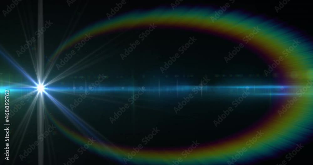 Animation of white light with beam and curved prismatic lens flare on black background Animation of white light with beam and curved prismatic lens flare on black background