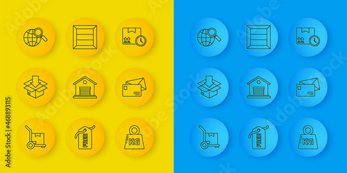 Set line Hand truck and boxes, Cardboard with traffic symbol, Warehouse, Weight, Envelope, Magnifying glass globe, fast time and Wooden icon. Vector