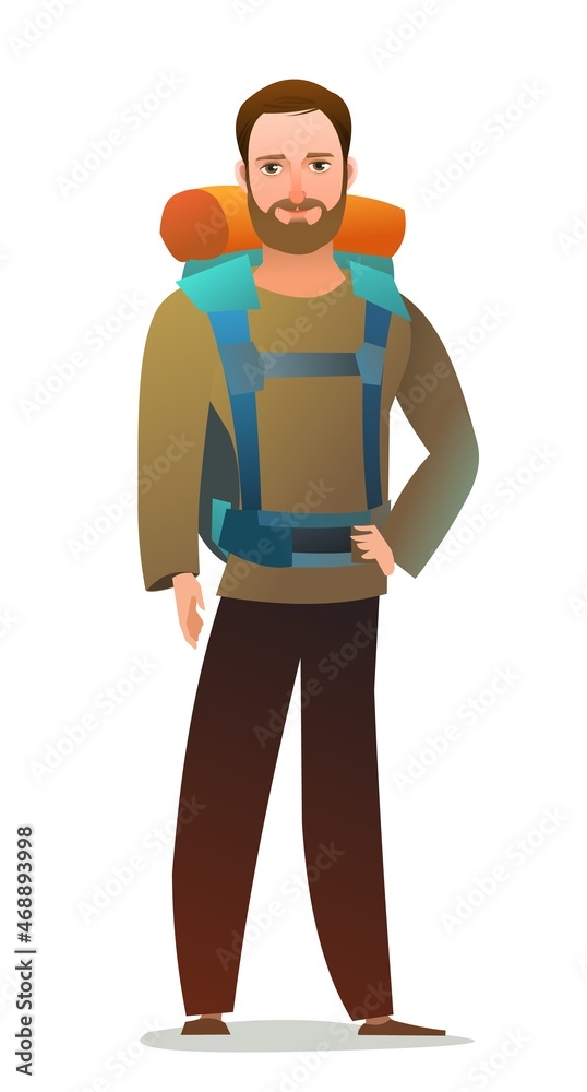 Man tourist backpacker. Guy with backpack on his back. Cheerful person. Standing pose. Cartoon comic style flat design. Single character. Illustration isolated on white background. Vector