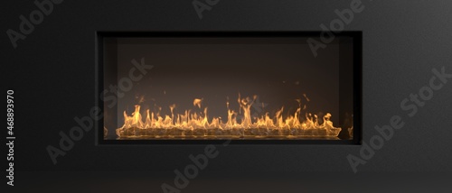 Fototapeta Naklejka Na Ścianę i Meble -  Burning fire in an energy fireplace radiates heat, warm house, modern home interior, 3d illustration