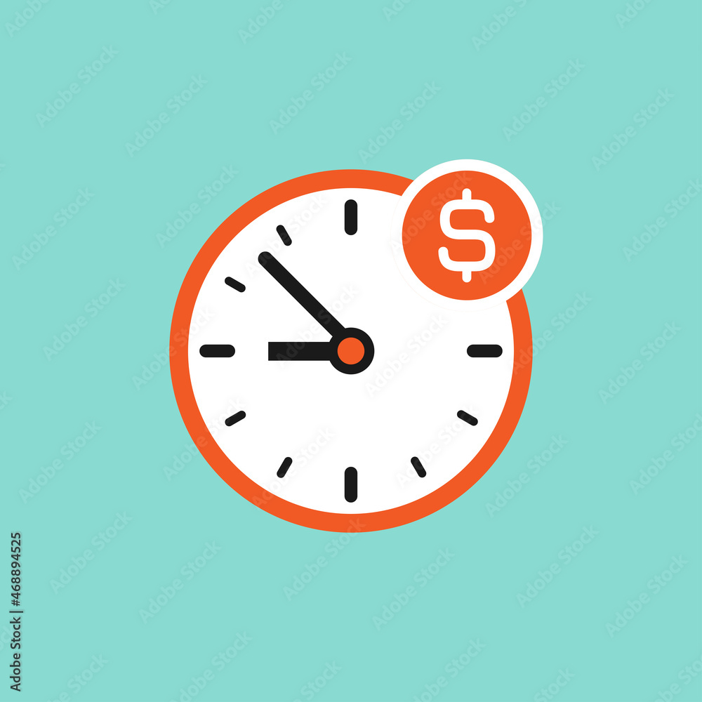 red and white clock with dollar sign. Flat icon isolated on powder blue. red and white clock with dollar sign. Flat icon isolated on powder blue.