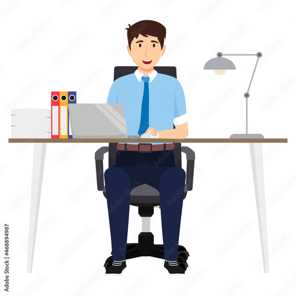 Businessman freelancer sitting on cute beautiful modern desk with office shape table and chair pc laptop computer table lamp with some paper pile file folders Businessman freelancer sitting on cute beautiful modern desk with office shape table and chair pc laptop computer table lamp with some paper pile file folders