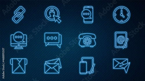 Set line Envelope, Mail and e-mail, Chat messages notification on phone, Speech bubble chat, monitor, Chain link, Telephone and Create account screen icon. Vector