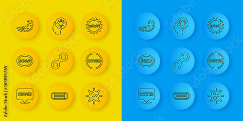 Set line Corona virus covid-19 on location, Bar of soap, Virus, 2019-nCoV and Human and icon. Vector