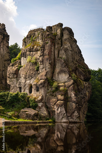 The Externsteine, a prominent sandstone rock formation in the Teutoburg Forest, near the town of Horn-Bad Meinberg in the district of Lippe in North Rhine-Westphalia (Germany).