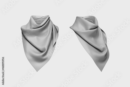 Knitted Silk shawl scarf isolated on a background. Mock up front and side view. Stylish neckerchief tied into knot. 3d rendering. photo