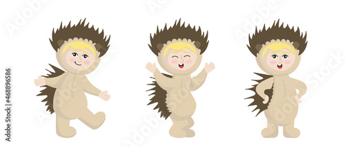 Vector illustration isolated on white background child in animal carnival costume. Cute cartoon baby in a hedgehog costume in different poses.
