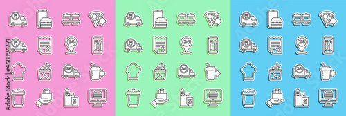 Set line Online ordering and delivery, Coffee cup to go, Paper financial check, Fast by car, and Round the clock icon. Vector