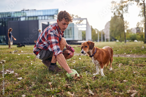 A young guy collects a poop of his dog while walking in the park. Friendship, walk, pets