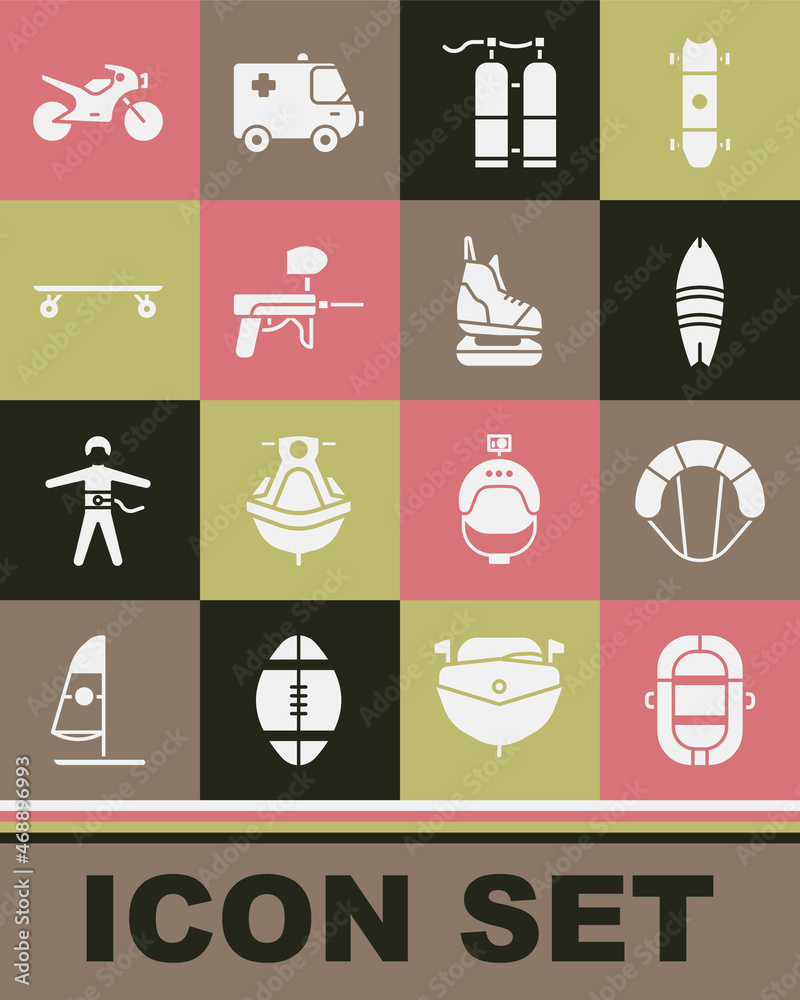 Set Rafting boat, Parachute, Surfboard, Aqualung, Paintball gun, Longboard or skateboard, Motorcycle and Skates icon. Vector Set Rafting boat, Parachute, Surfboard, Aqualung, Paintball gun, Longboard or skateboard, Motorcycle and Skates icon. Vector