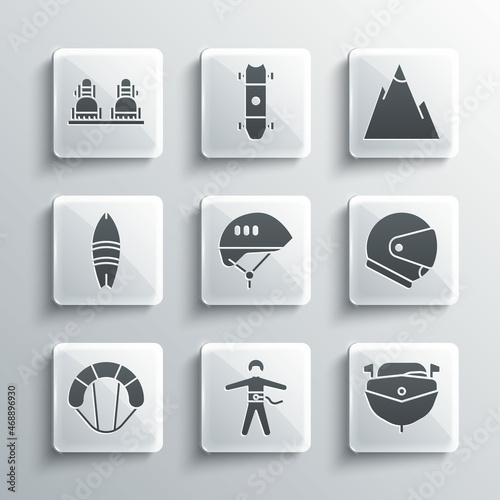 Set Bungee jumping, Speedboat, Helmet, Bicycle helmet, Parachute, Surfboard, Snowboard and Mountains icon. Vector