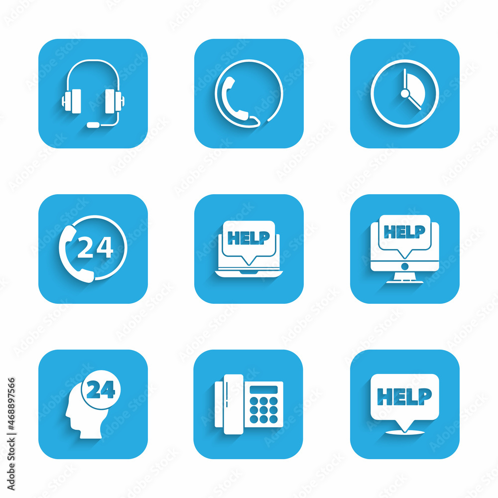 Set Laptop and help, Telephone, Speech bubble with text Help, Computer monitor, Support operator in touch, 24 hours support, Time Management and Headphones icon. Vector Set Laptop and help, Telephone, Speech bubble with text Help, Computer monitor, Support operator in touch, 24 hours support, Time Management and Headphones icon. Vector