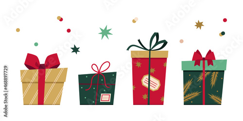 Set of vector gift boxes in flat style. Christmas stylish set of presents, bows, stars and confetti. New Year presents.