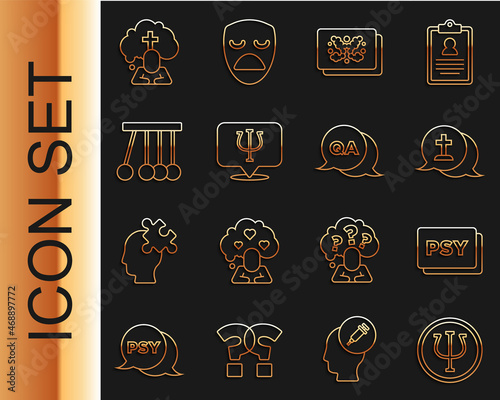 Set line Psychology, Psi, Graves funeral sorrow, Rorschach test, Pendulum, Man graves and Question and Answer icon. Vector