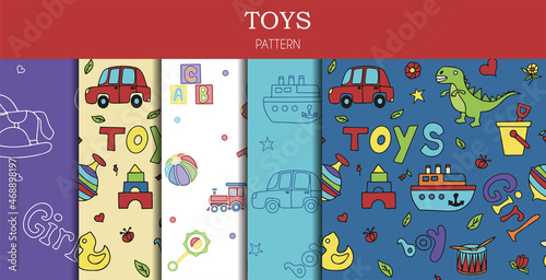 Vector set of doodle seamless pattern with toys. Hand draw collection of toys icons for baby shower or scrapbook. Cute illustration for children