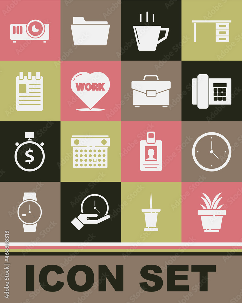 Set Plant in pot, Clock, Telephone, Coffee cup, Heart with text work, Spiral notebook, Movie, film, media projector and Briefcase icon. Vector Set Plant in pot, Clock, Telephone, Coffee cup, Heart with text work, Spiral notebook, Movie, film, media projector and Briefcase icon. Vector