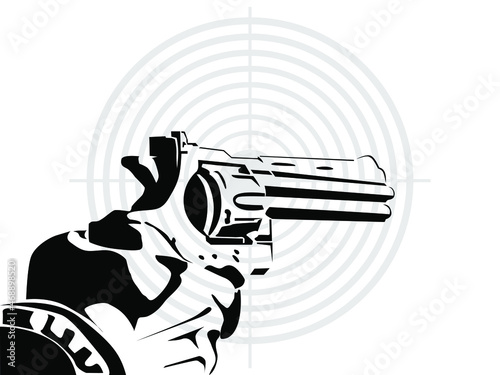 vector black and white illustration of a hand holding a revolver against the background of a target, for decorating military-style backgrounds and advertising banners of shooting galleries