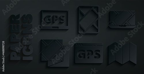 Set Gps device with map, City navigation, Folded, and icon. Vector